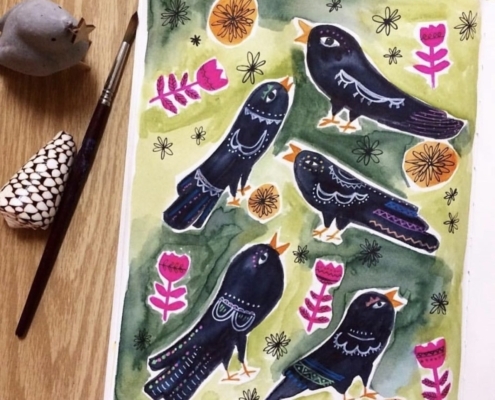 Five Black Birds watercolor
